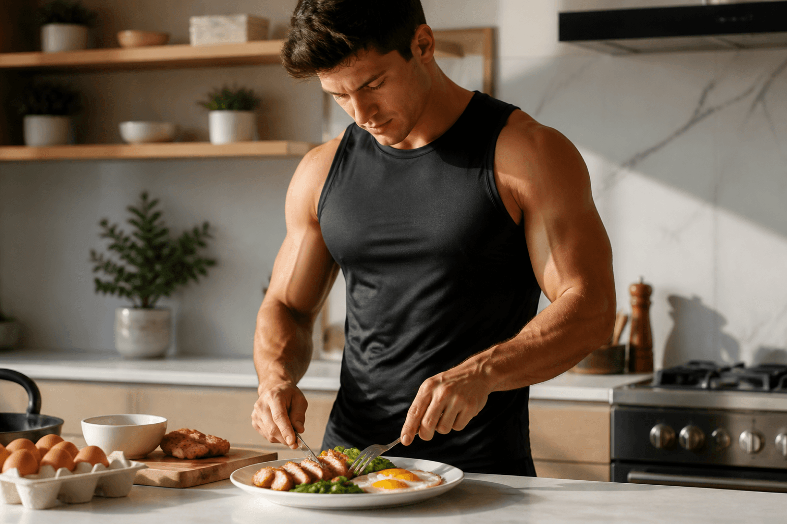 Athlete preparing a high protein meal with NOVEG chicken and eggs