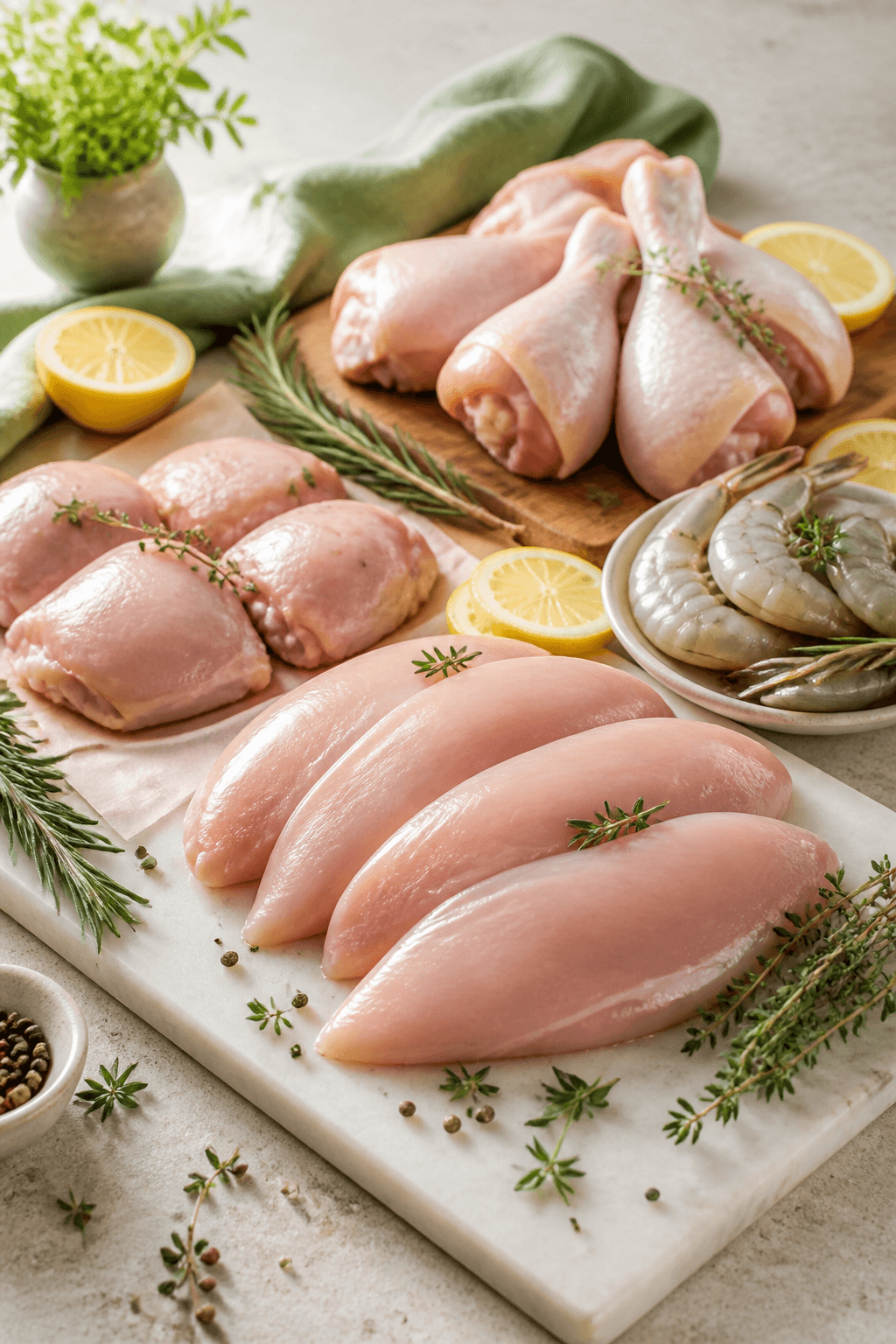 Premium fresh chicken cuts and seafood arranged on a natural stone surface with fresh herbs